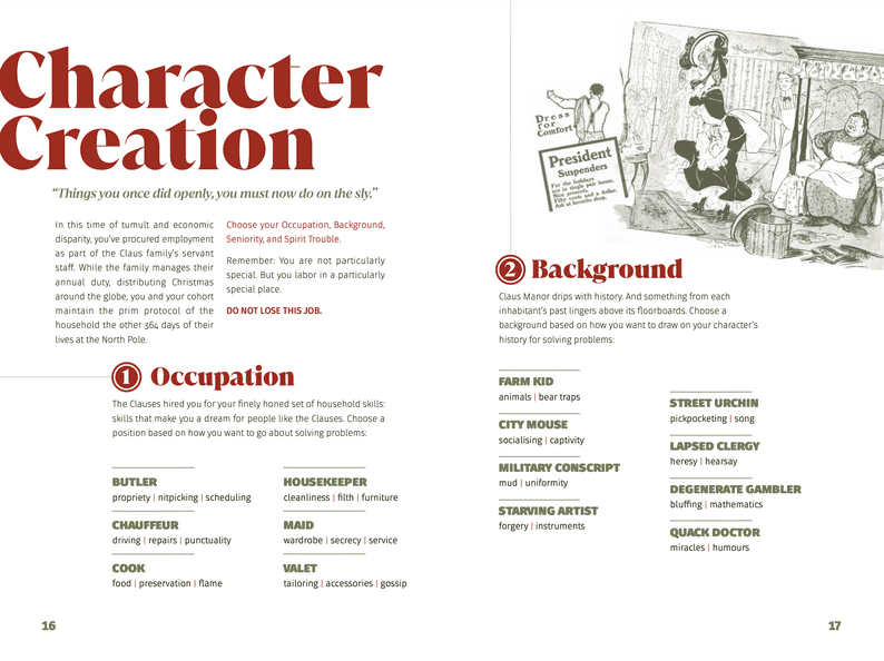 Part of the book The Wassailing of Claus Manor describing character creation